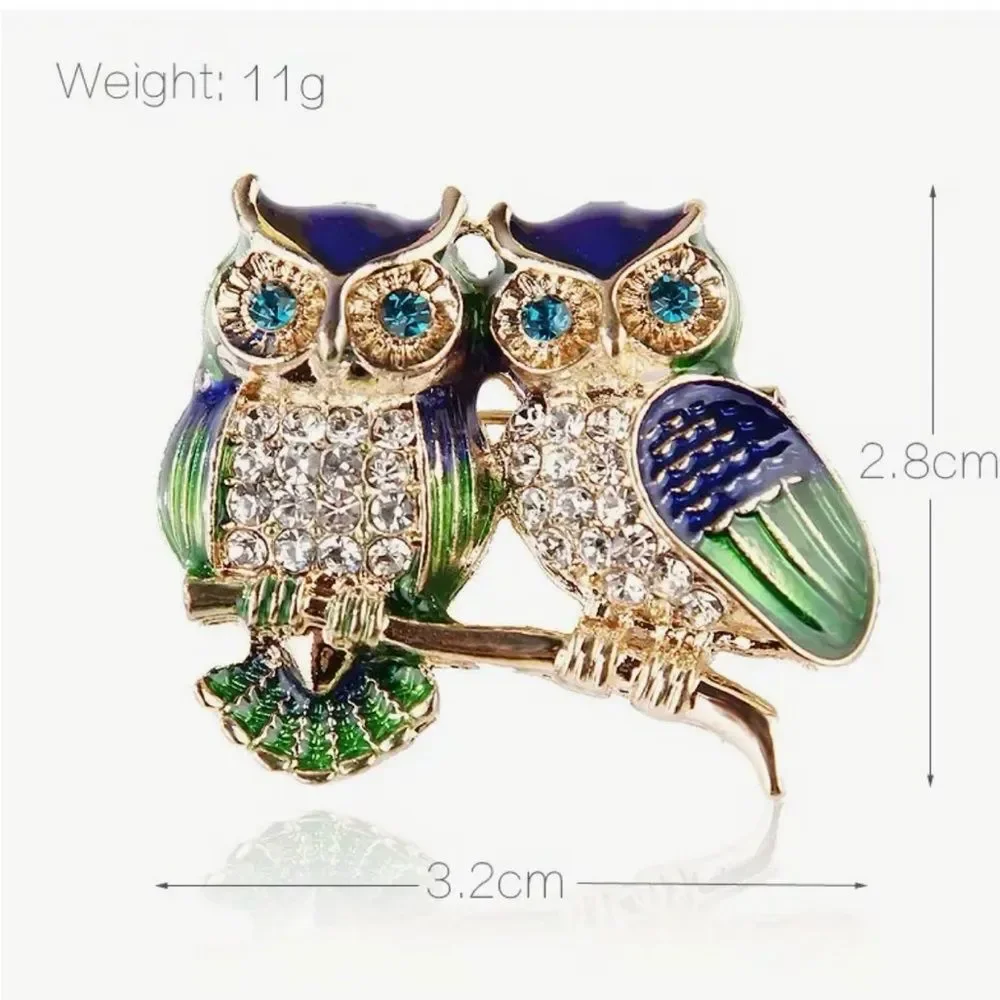 Whimsical Green & Blue Owl Brooch with Crystal Accents